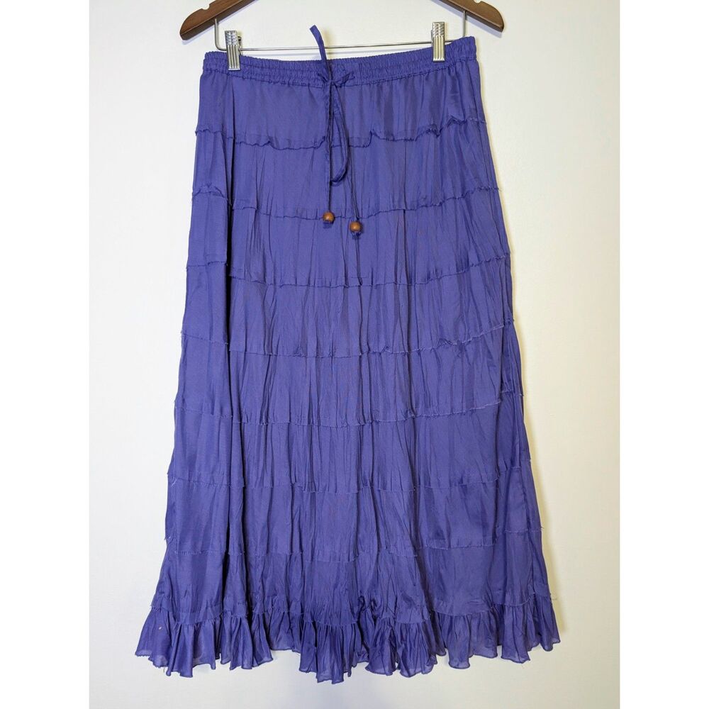 Y2K Boho Tiered Maxi Skirt Purple Crinkle Cotton Festival Whimsigoth Medium - Picture 2 of 7